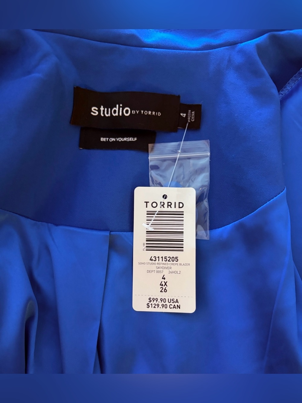 NWT Studio by Torrid Women’s Skydiver Royal Blue Single-Breasted Blazer; Size 4X